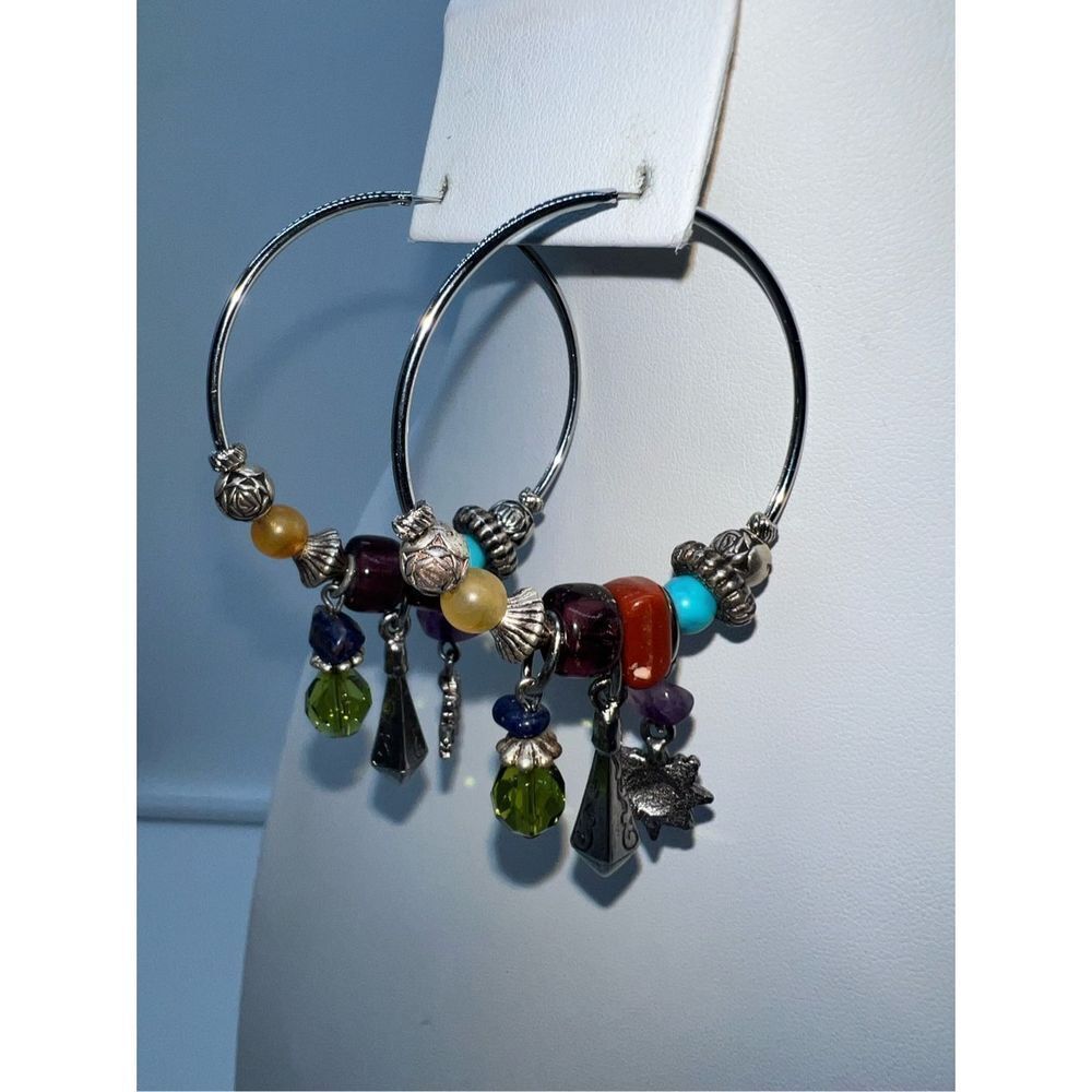 Boho Silver Tone Charm and Stone Dangle Charm Hoop Earrings